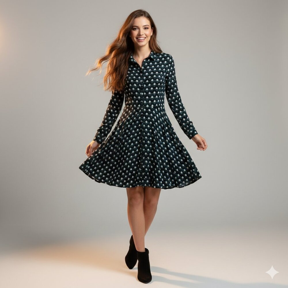 Zara Woman Premium Denim Collection Geometric Diamond Print Shirt Dress - Size L